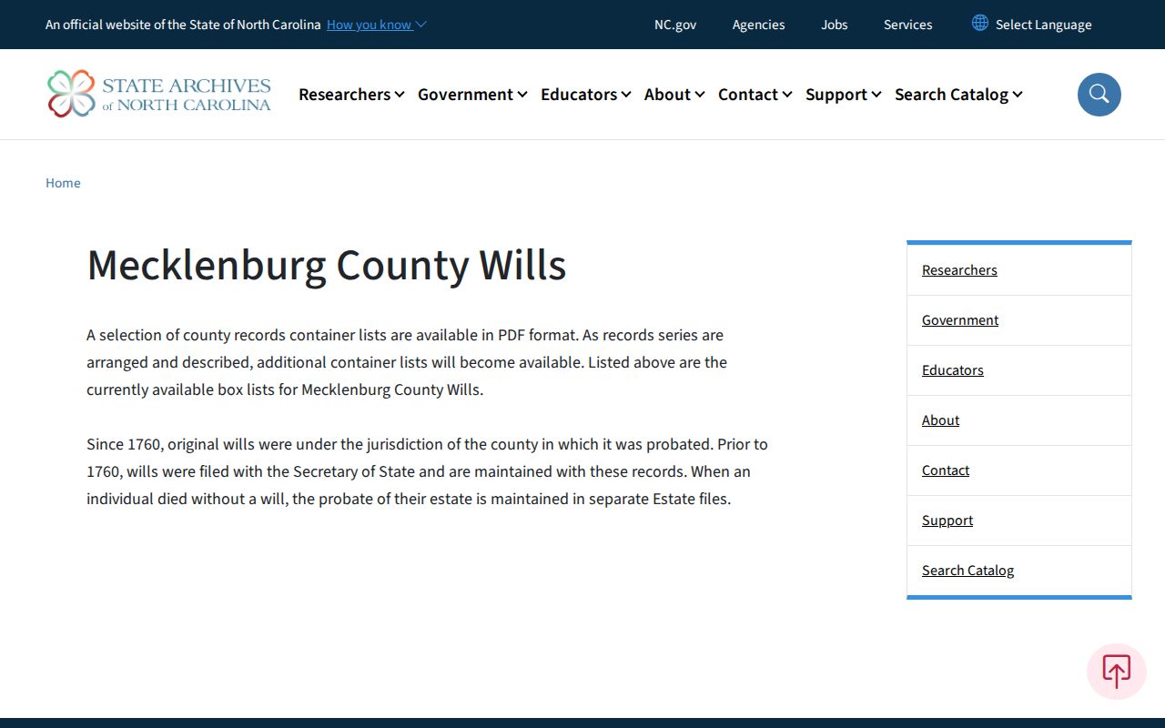Cornelius people search Mecklenburg wills archive records
