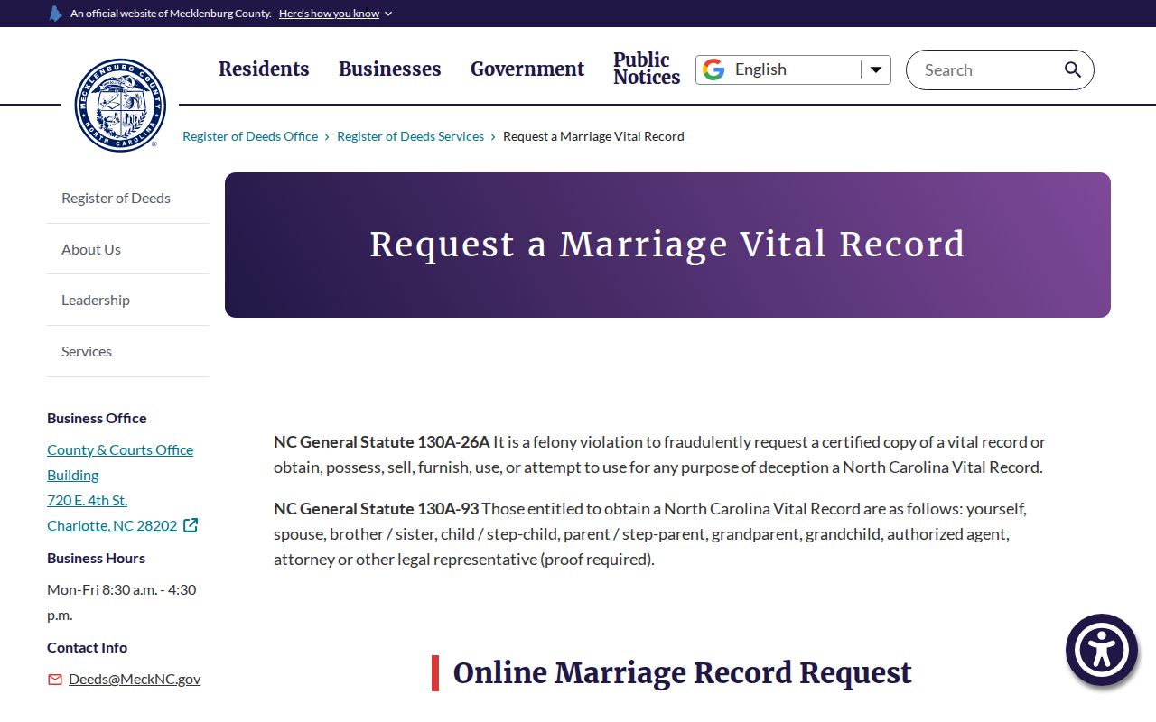 Cornelius open records channels for Mecklenburg marriage certificates