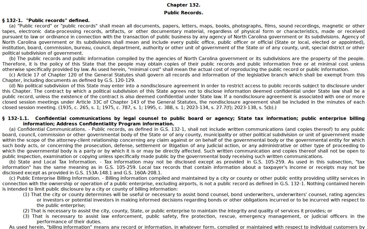 Cornelius open records law in North Carolina Chapter 132