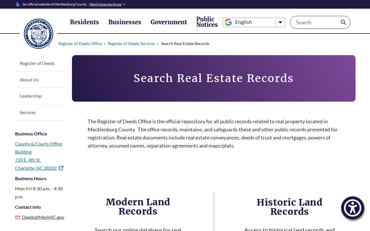 Cornelius open records access for Mecklenburg real estate instruments